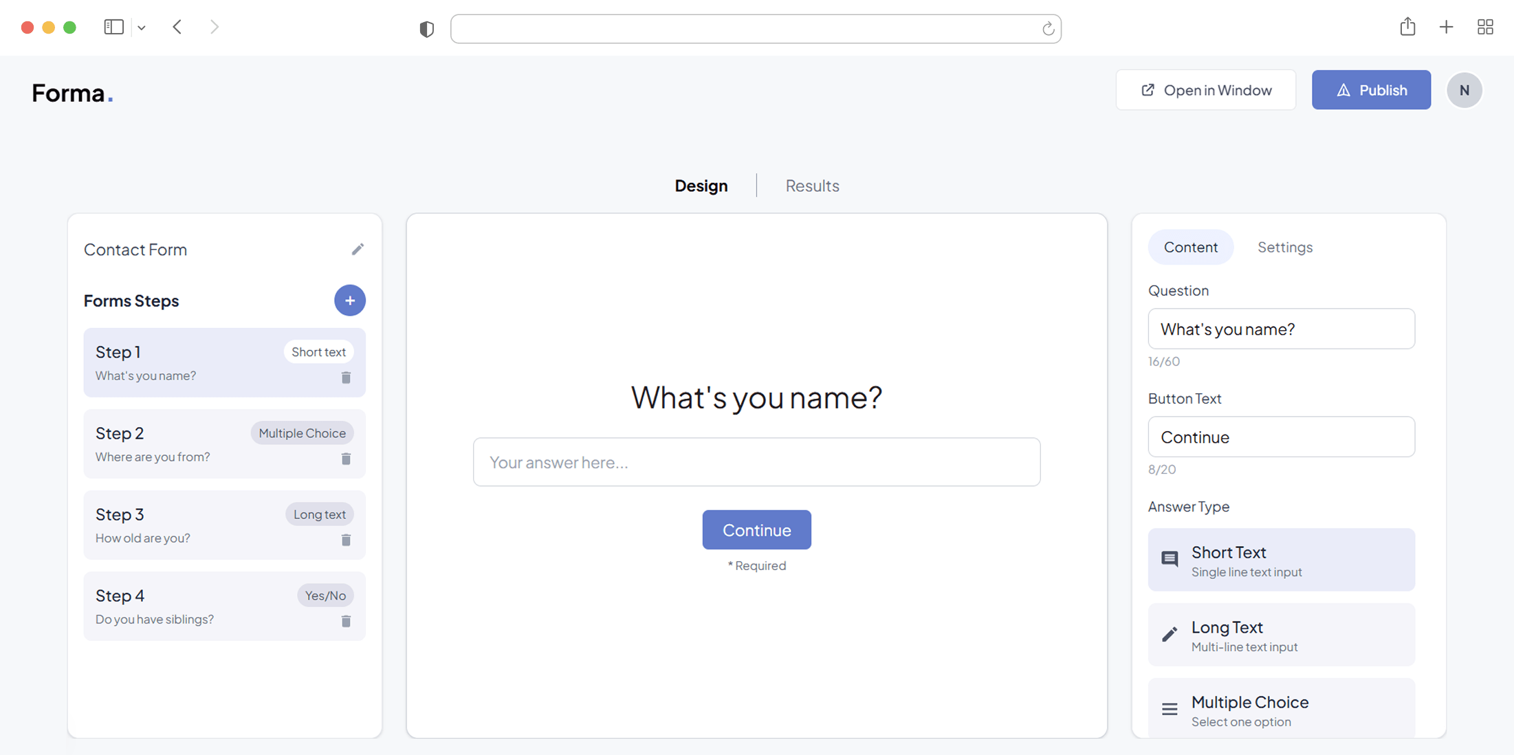 Forma form builder dashboard showing clean interface for creating online forms quickly